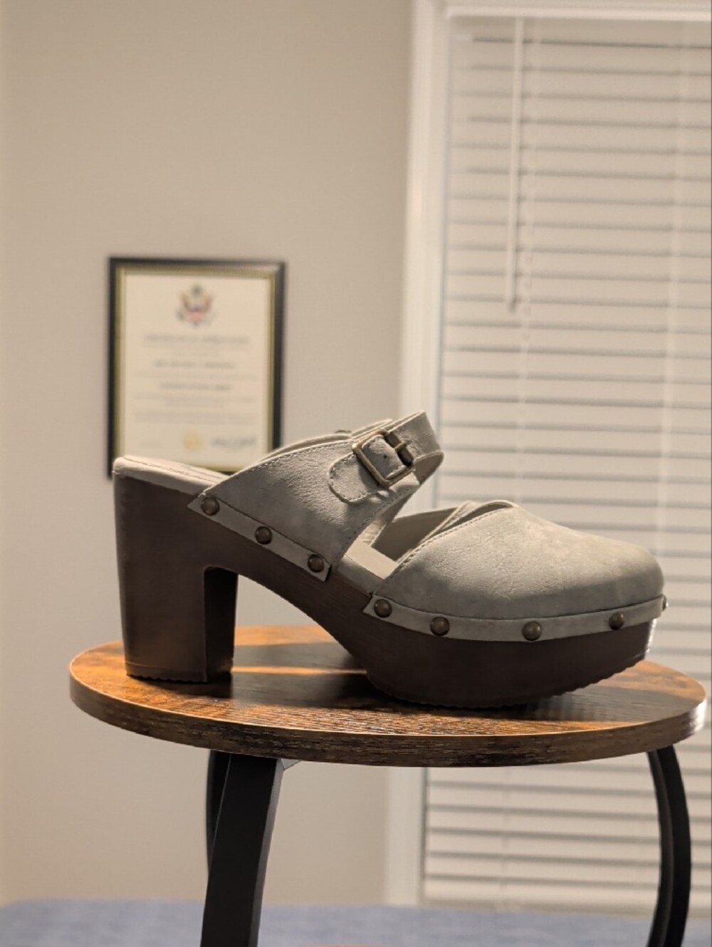 Gray Platform Clog Heels with Buckle Strap - Women Shoes - Picture 4 of 7